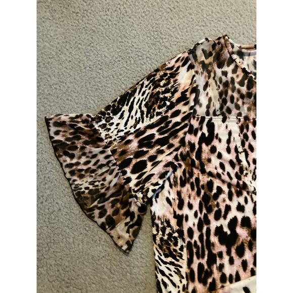 Adele & May Top 3X Animal Leopard Art Flare Short Sleeve Stretch Pink Black - Picture 2 of 16